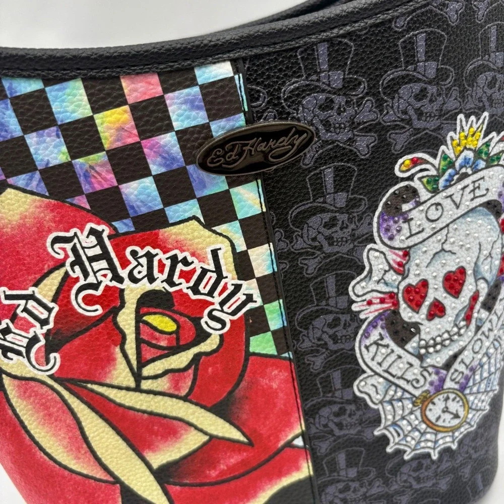 Ed Hardy Hobo Bag Rose Skull Tattoo‎ Checkered Print Shoulder Bag Purse Y2K